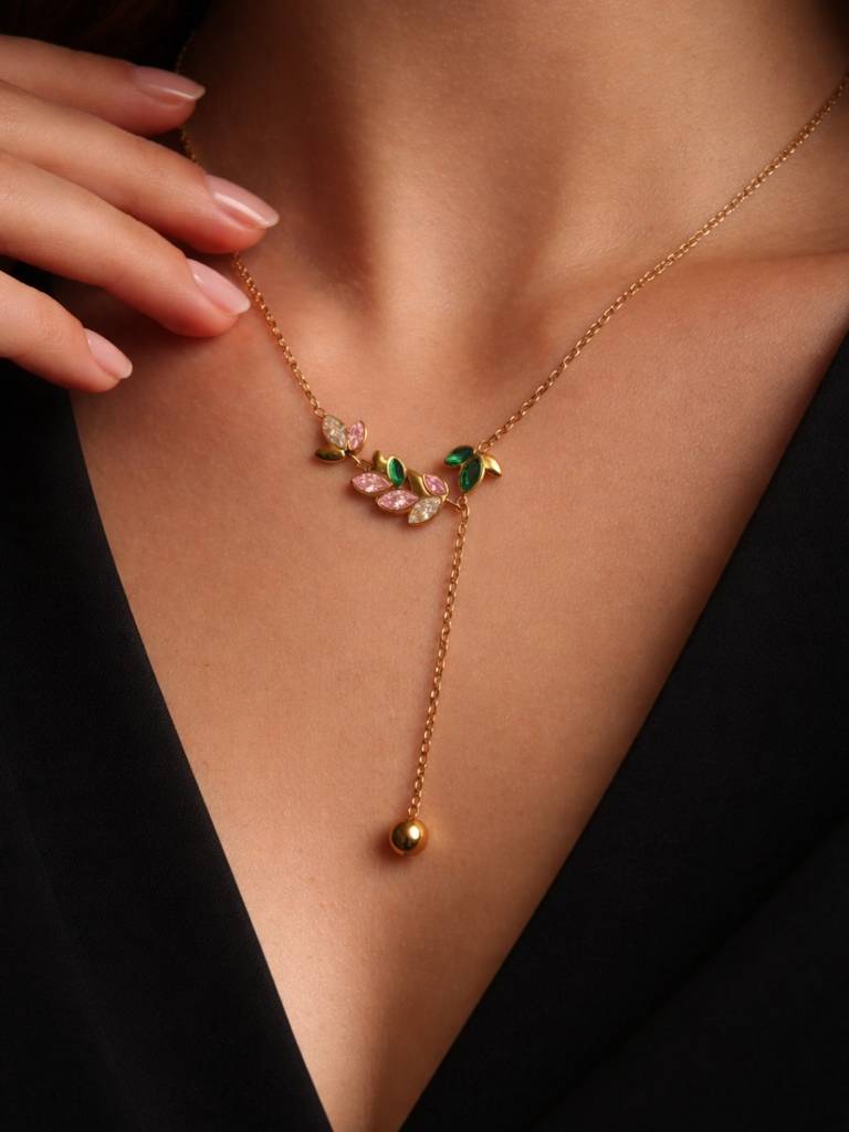 Leaf Multicolor Cz Drop Neckpiece In 18K Gold Plating : S925C736LMN