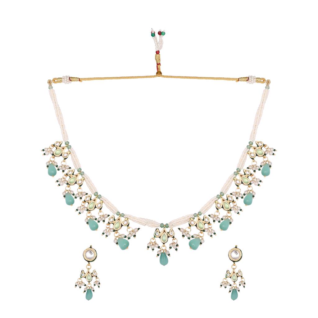 22K Gold Plated Pearl Empress Flora Green Stone Drops Necklace Set : YI24A0446N