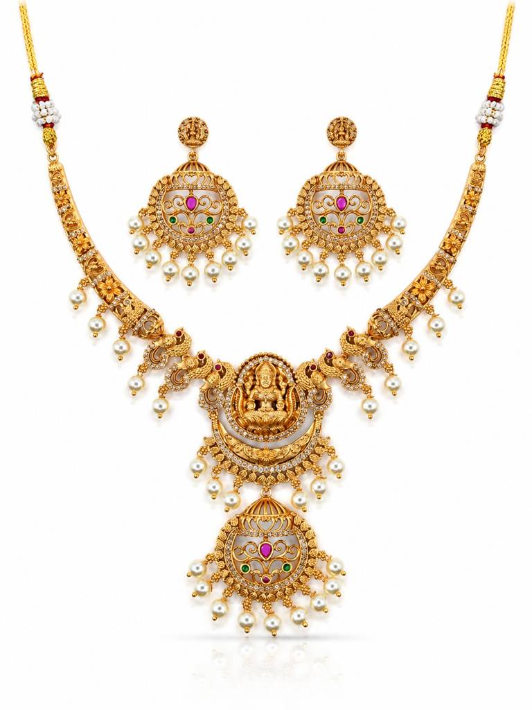Ashna Antique Gold Lakshmi Peacock Temple Necklace With Pearls : RKNP000117