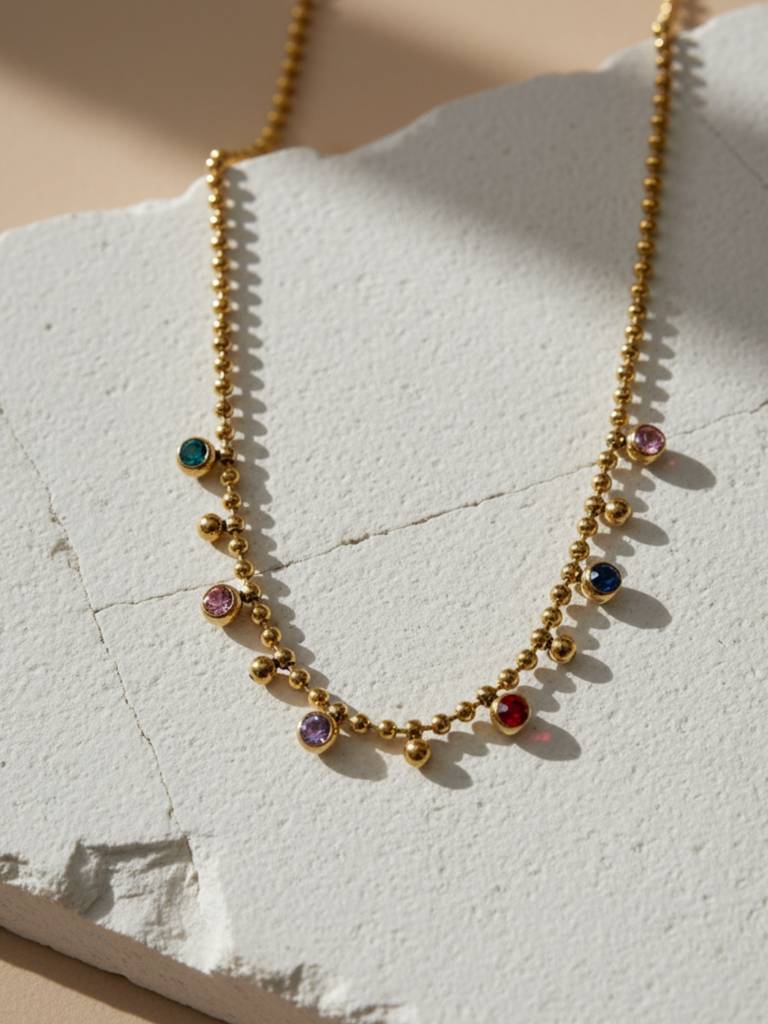 Anti-Tarnish Multicolor Beaded Stone Chain | 18K Gold Cz Jewelry : ATC648MBN