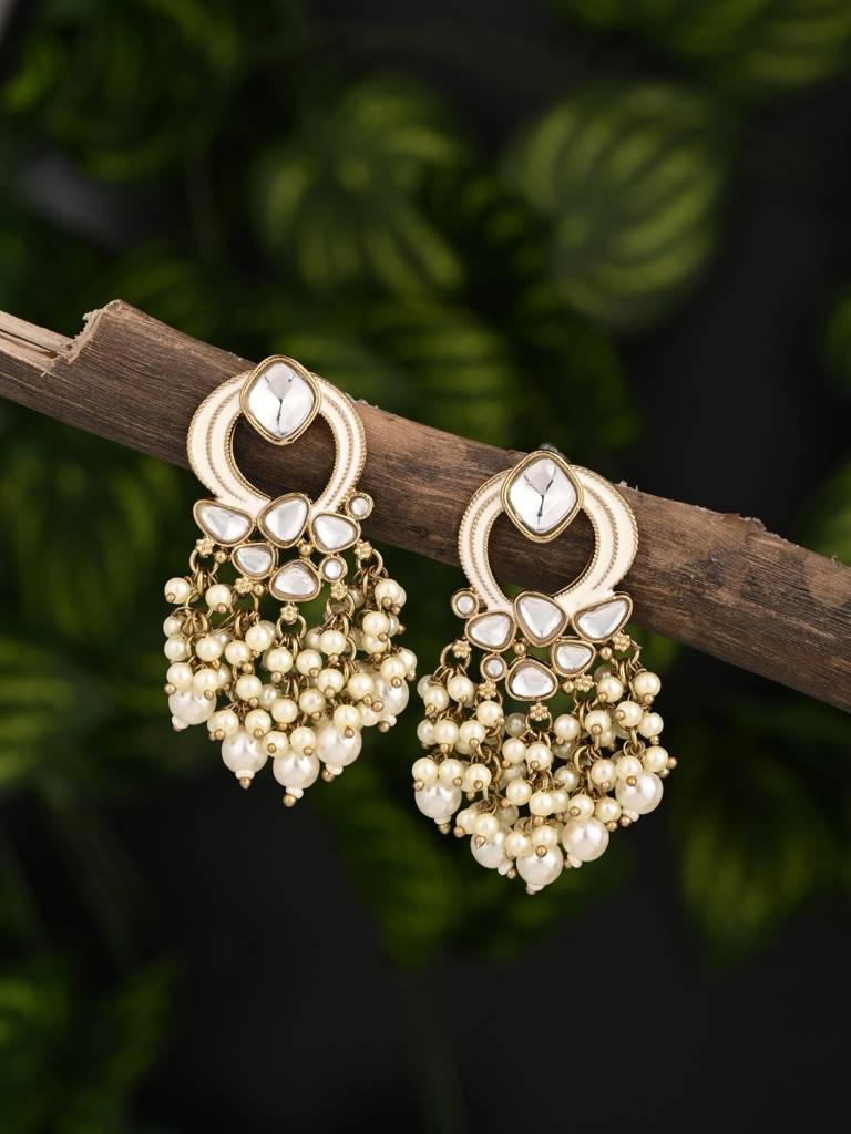 Gold-Plated Meenakari Stud Earrings With Kundan & Pearl Cluster Drops : S24FAER408WHT