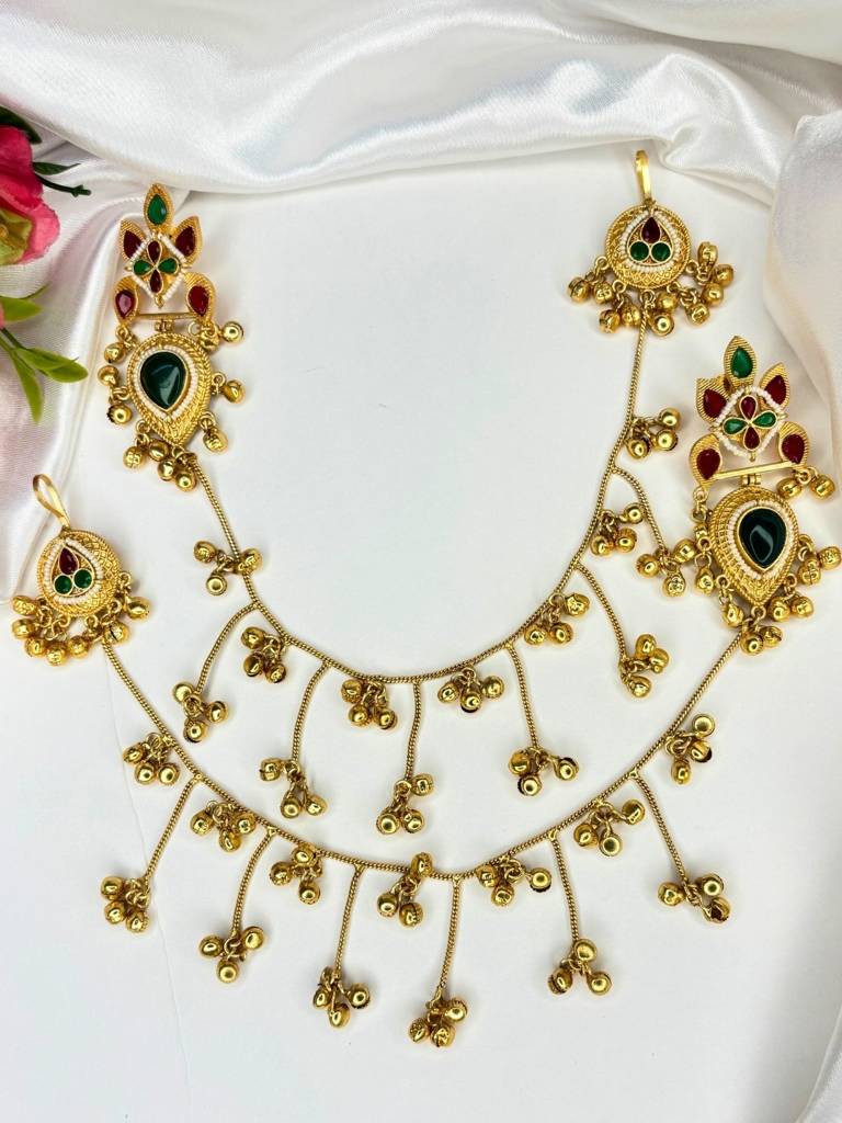 Gold-Plated Premium Kundan Red Stone-Studded Kan Chain Earrings : VI26EROX100368