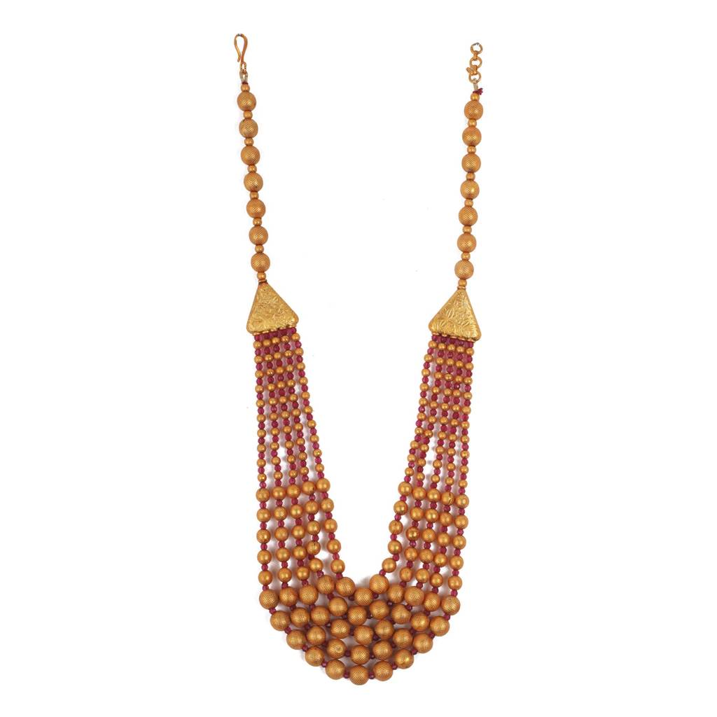Gold Plated Multilayer Brass Mala Necklace Set With Flower Earrings : MalaMulti01