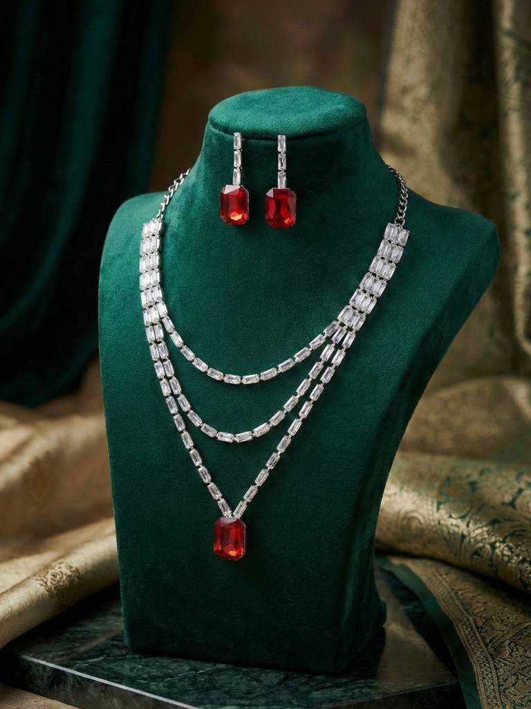 Ruby Red Stone Layered Crystal Necklace And Earrings Set For Women : REDTRIPLENS
