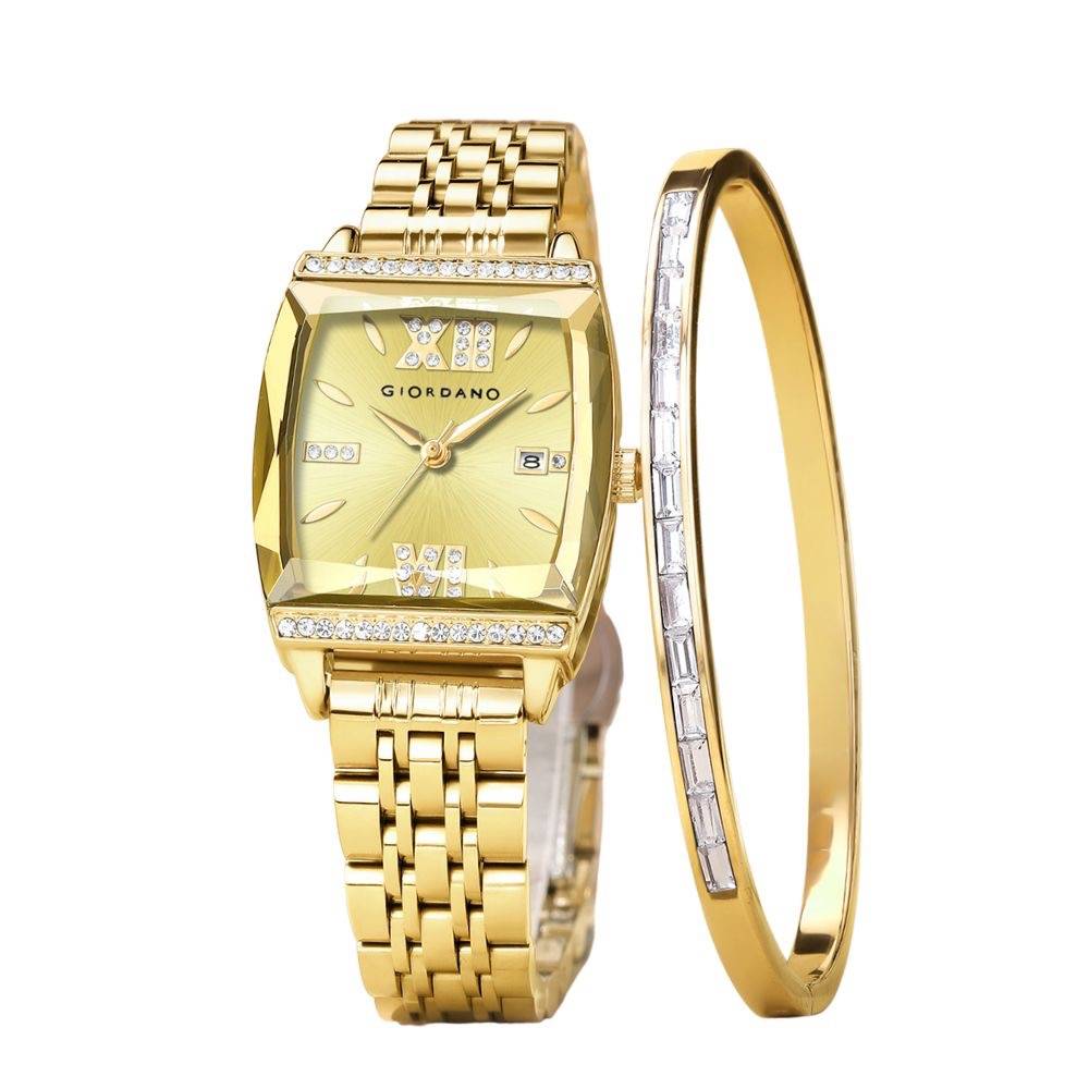 Giordano Analog Watch With Bracelet Set For Women – Cut Glass Square Dial, Crystal Roman Indices And Stainless S : GZ-60117-66