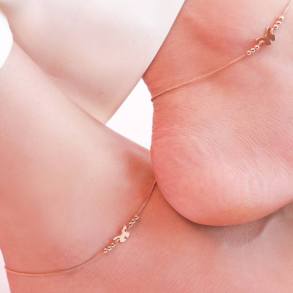 Beaded Butterfly Rose Gold 925 Sterling Silver Chained Anklet : ANK-60261-PAIR