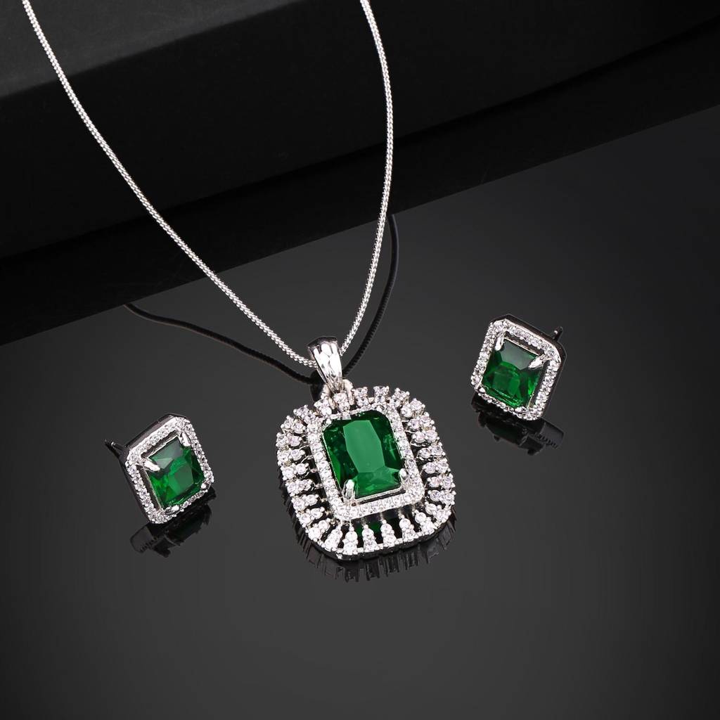 Estele Rhodium Plated Cz Sparkling Square Designer Pendant Set With Emerald Stone For Women