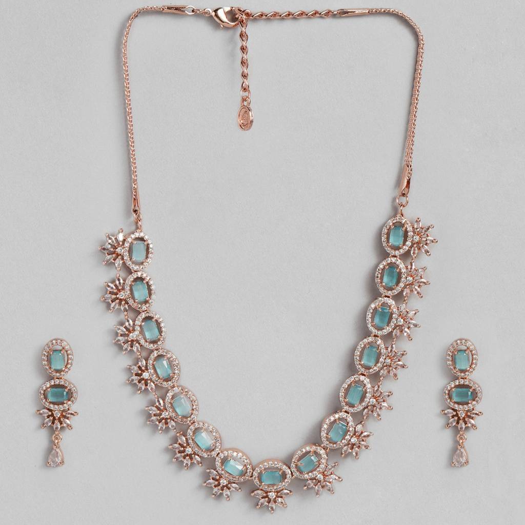 Estele Rose Gold Plated Cz Adorable Necklace Set With Mint Blue Stones For Women : AD-700-RG-MBNKER