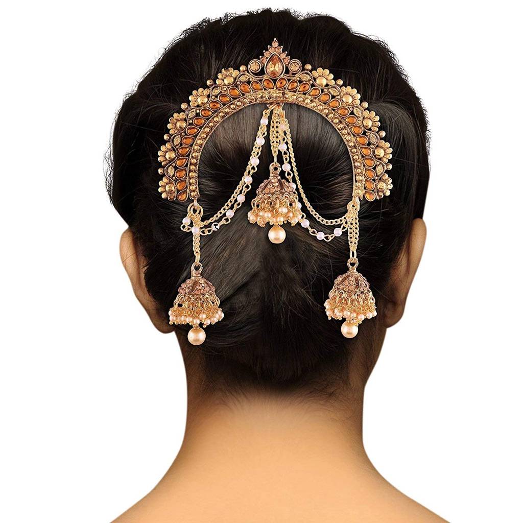 Peora Indian Wedding Jewellery Kundan Pearl Hair Accessary Juda Pin With Hanging Jhumkis For Women Girls : PF37HJSM34FL