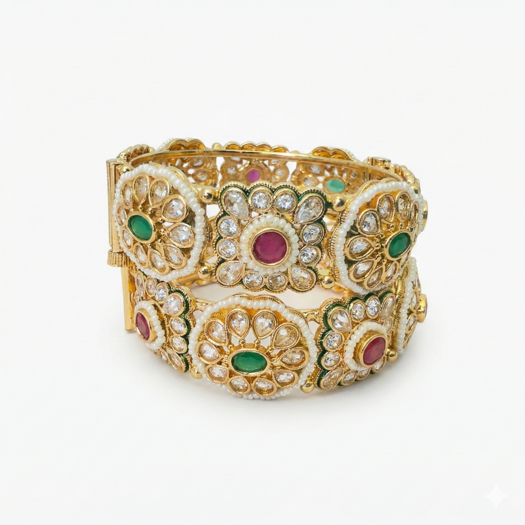 Royal Gold-Tone Ruby & Emerald Polki Style Hinged Statement Bangle With Pearl Accents : BV-BG-7-24