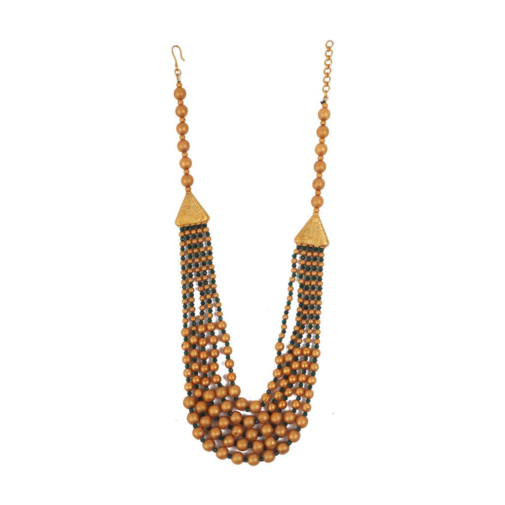 Gold Plated Multilayer Brass Mala Necklace Set With Flower Earrings : MalaGreen01