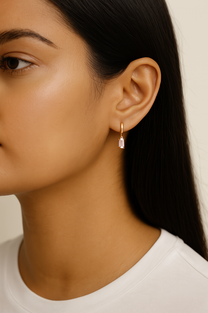 Birthstone Earrings For Women | Premium Baguette Huggies | October: Pink Tourmaline : CJST201141410JQ