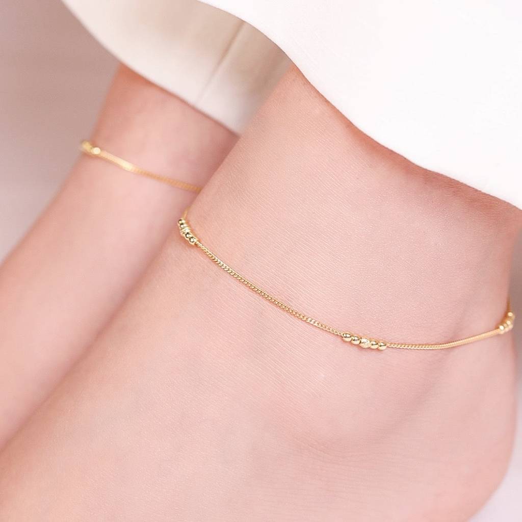 Beaded Gold-Plated 925 Sterling Silver Chained Anklet : ANK-60254-PAIR