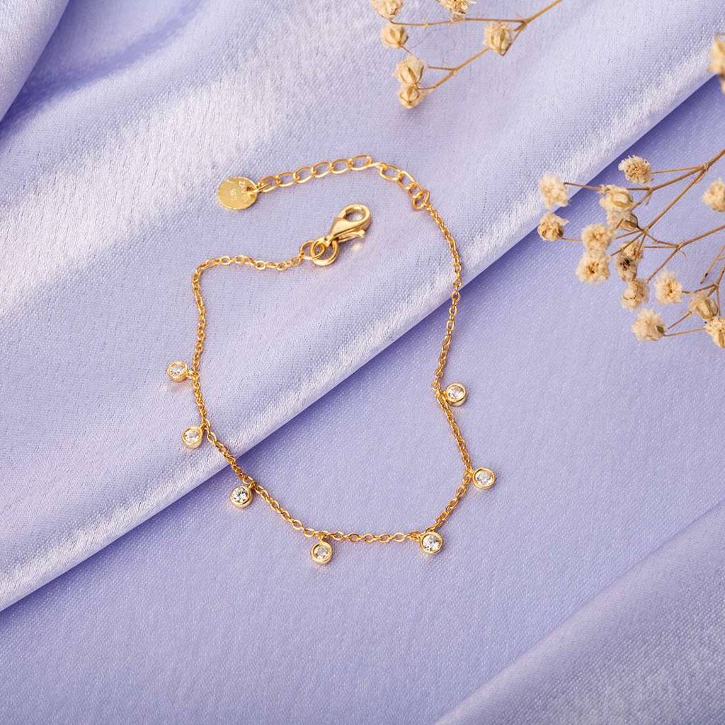 Golden Charmed Elegance Cz 925 Sterling Silver Charm Bracelet : BR-80222-G