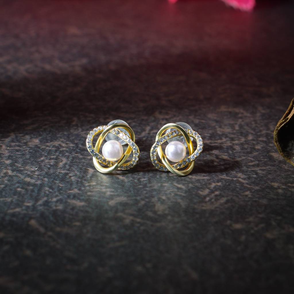 Golden Orbit Pearl & Zircon Stud Earrings : TRSRDJ0188Gold