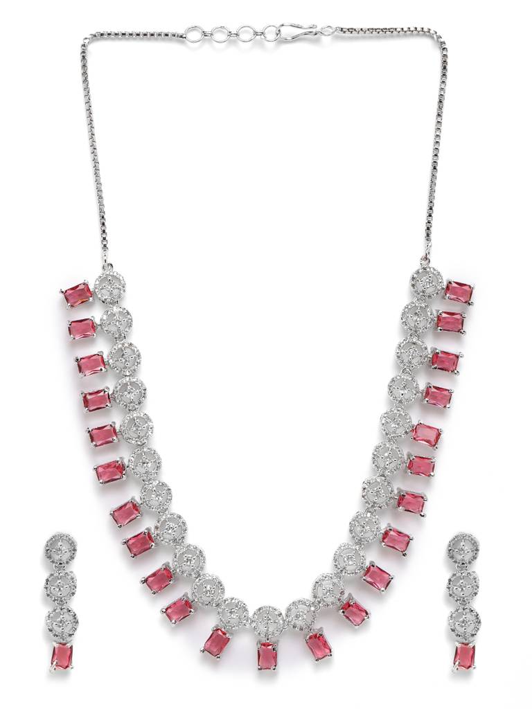 Silver Plated Square Ad Necklace Set : AD134RED