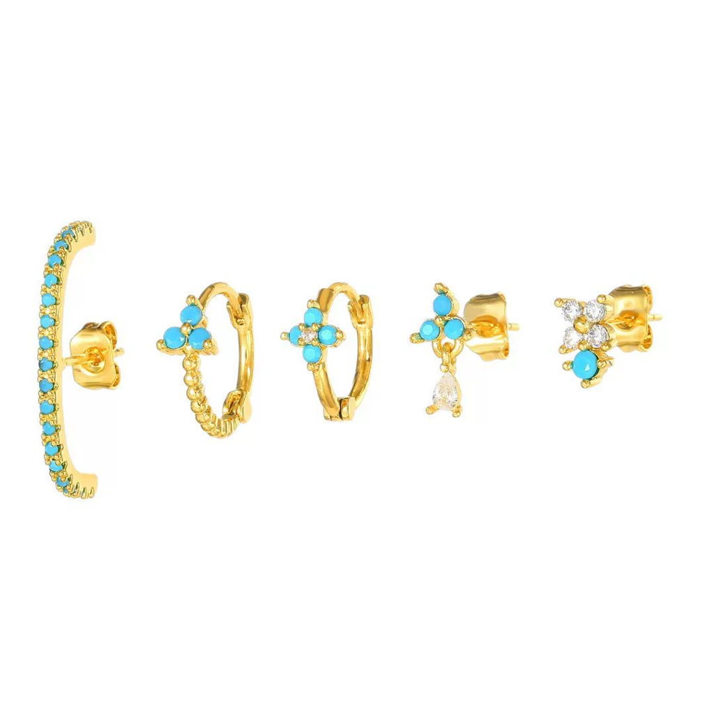 Set Of 5 18K Plated Antitarnish Blue Floral Earring Set For Single Ear Only : AWU0125E362BL