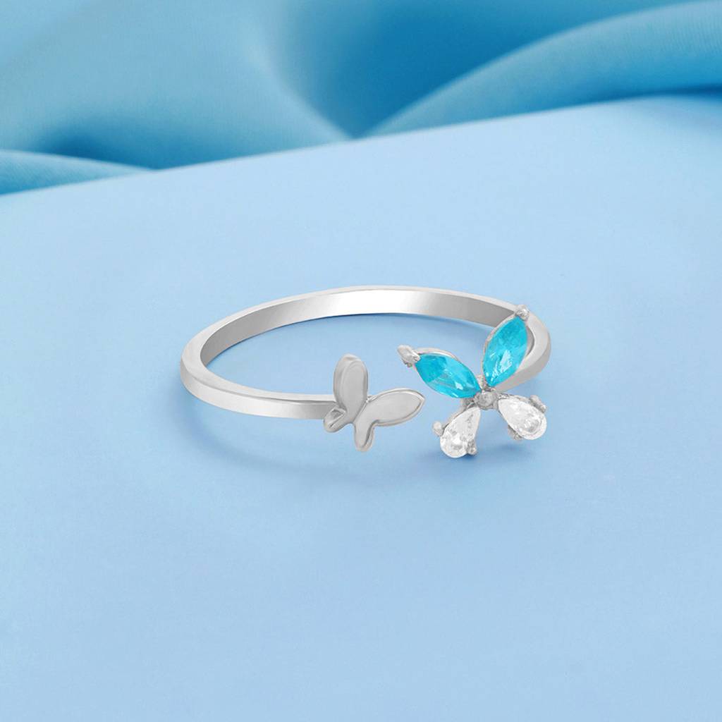 Blue Butterfly Rhodium Plated 925 Sterling Silver Ring : RNG-40379-R