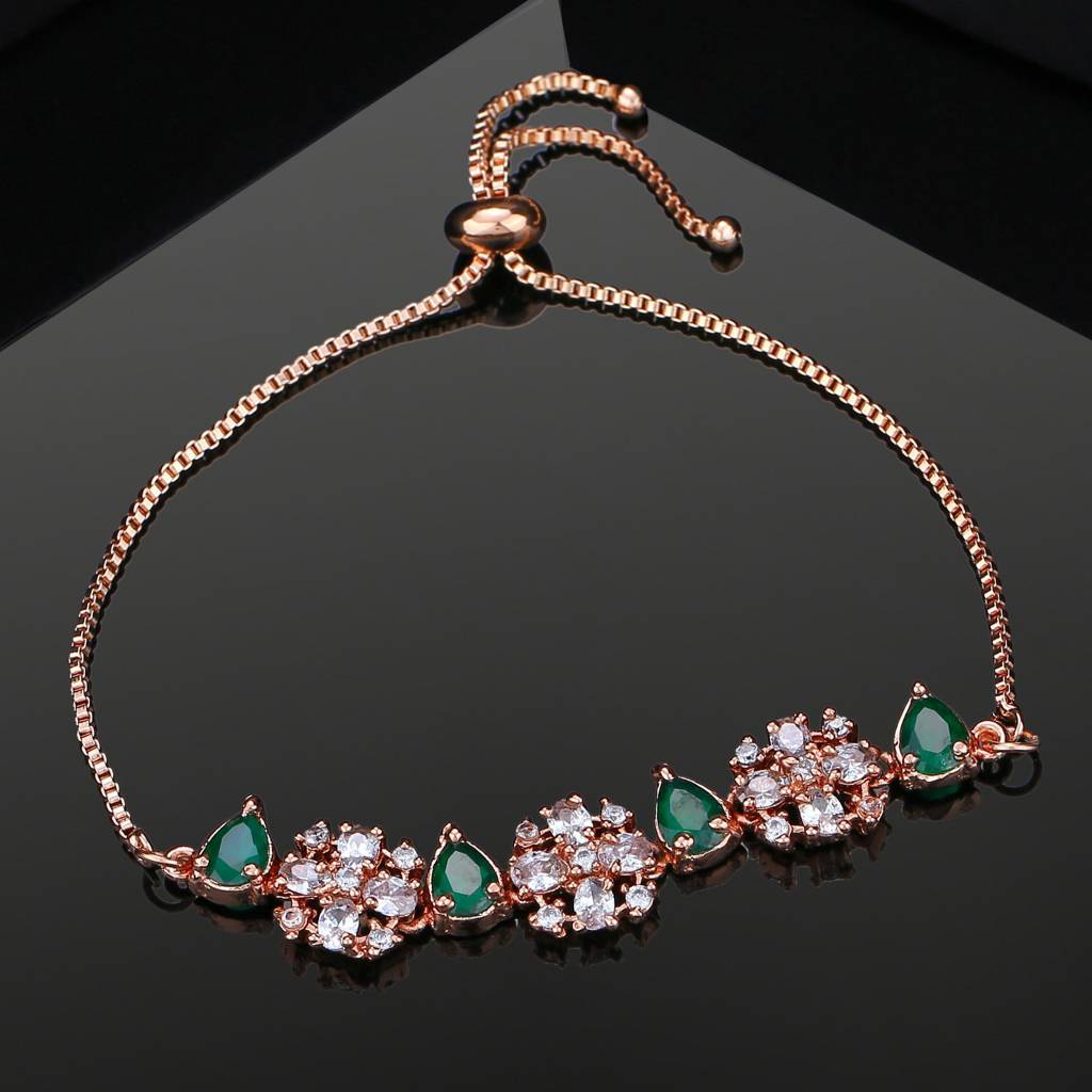 Estele Rose Gold Plated Cz Flower Designer Bracelet With Green Stones For Girls & Women