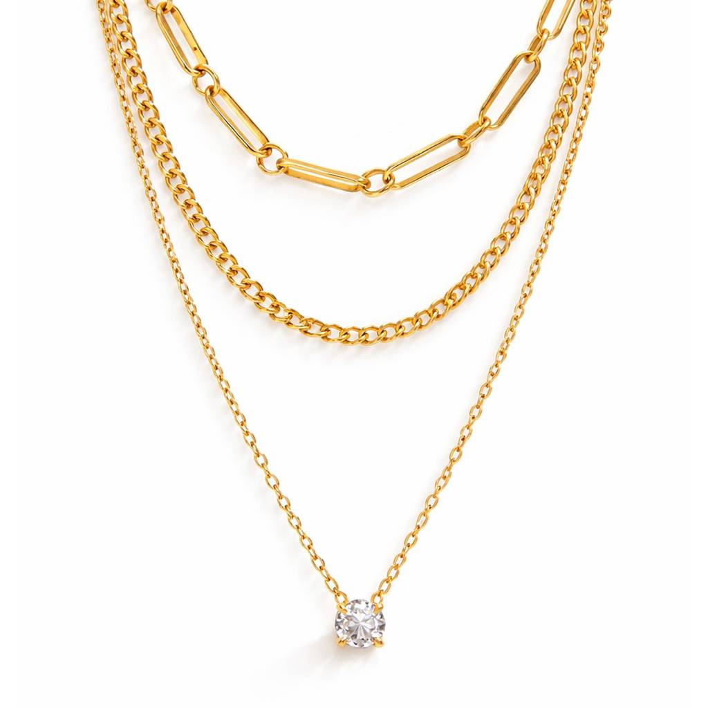 18K Gold-Plated Layered Chain Necklace With Pendant - Skin Safe, Modern Everyday Office Jewellery : 100571