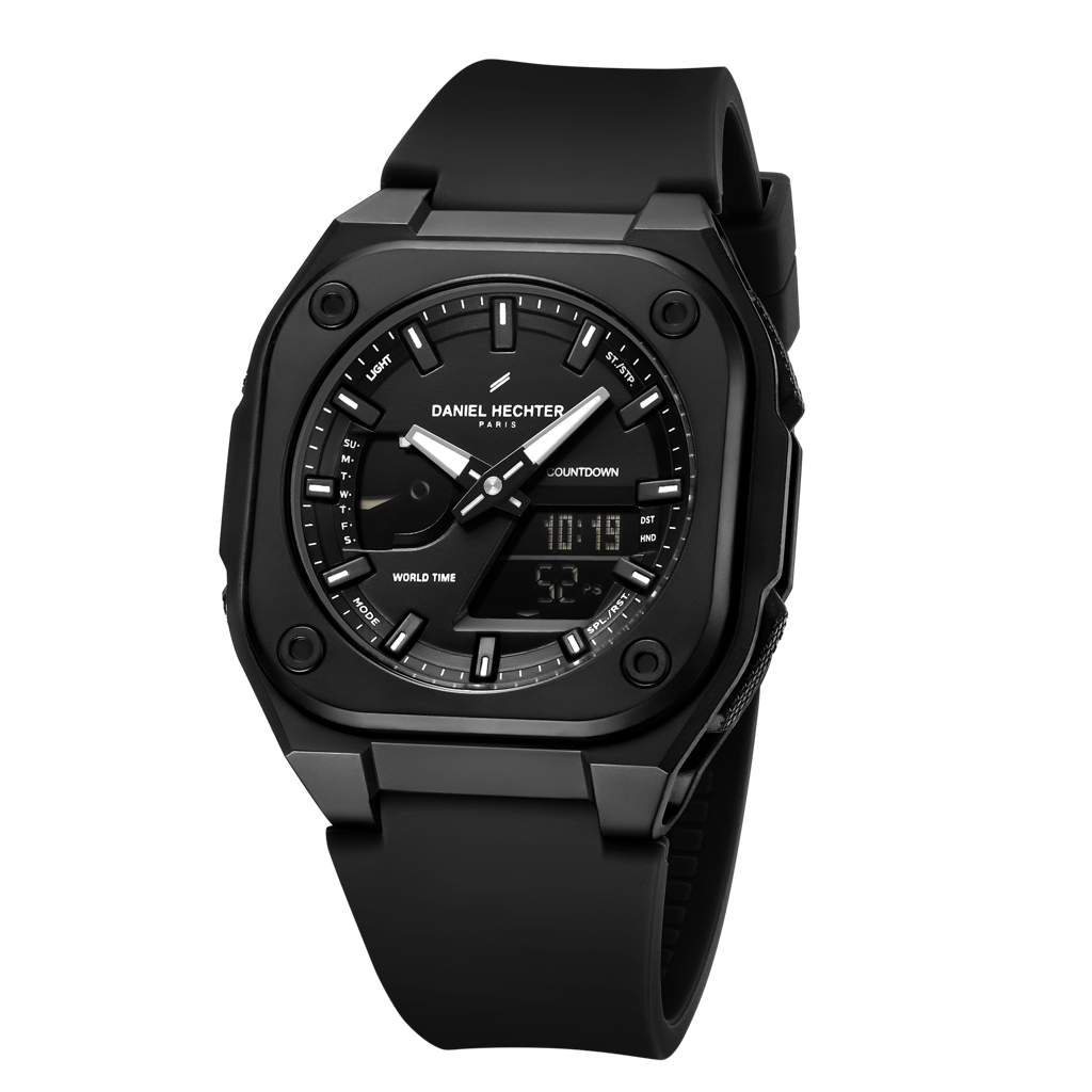 Paris Tech Collection Analog-Digital Sports Watch For Men – Black Dial, Silicone Strap, World Time & Countdown Ti : DHM1071-01