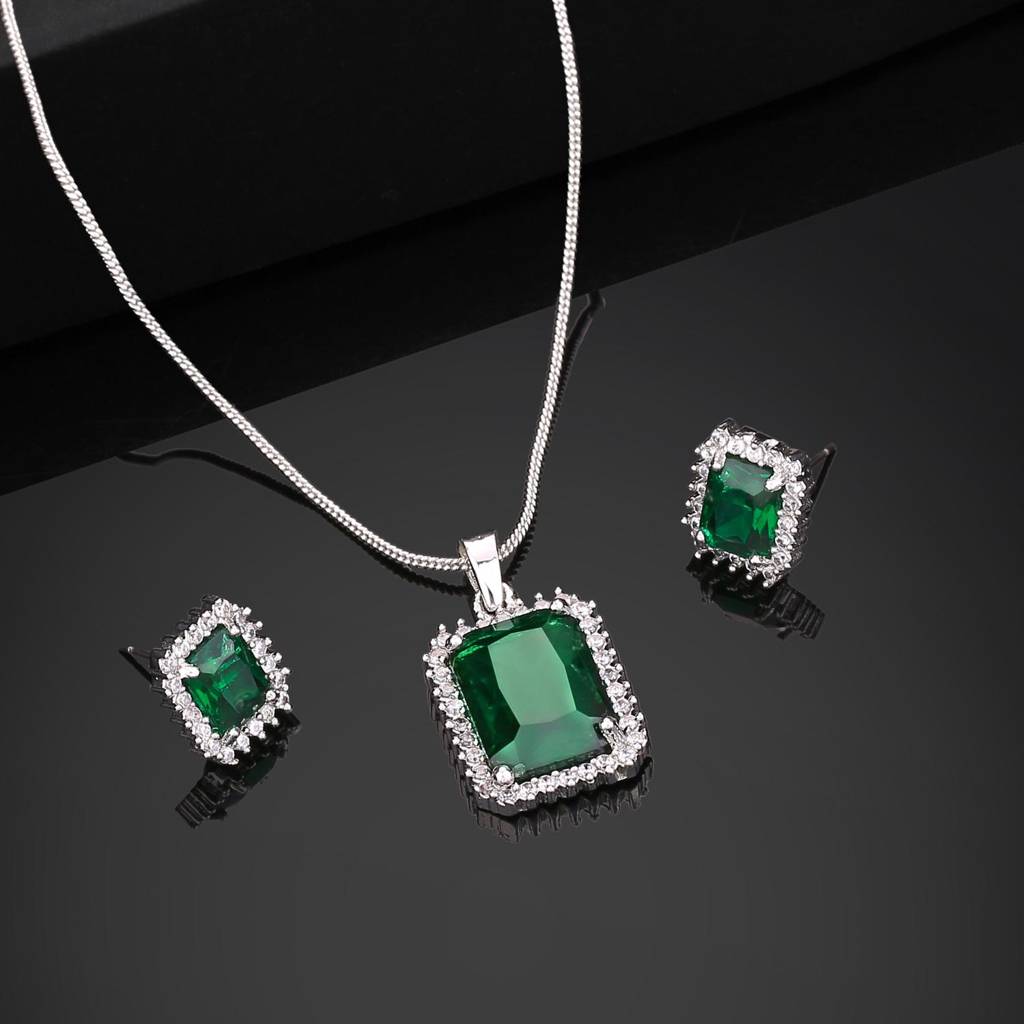 Estele Rhodium Plated Cz Square Designer Pendant Set With Emerald Stone For Women