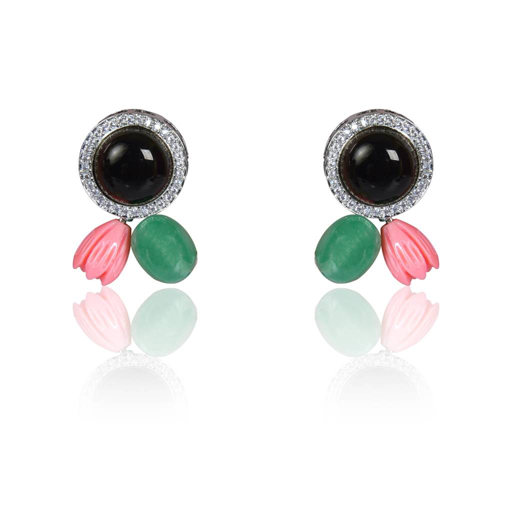 Black Onyx With Coral And Green Tumble Stud Earrings : IE935A