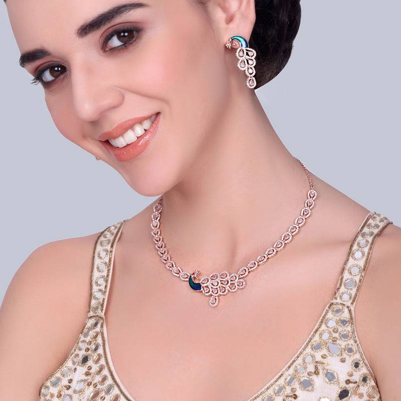 Peacock Accent Cz Sparkle Necklace Set | Rose Gold Plated | Party & Festive Glam : AD-918-RGMPNKER