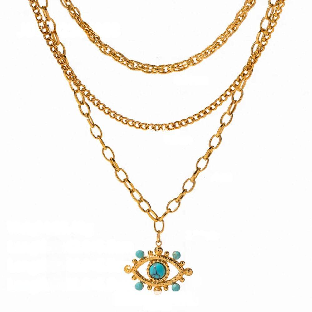 18Kt Gold Plated Devil'S Eye Three Layered Necklace, Yasmin : INYASMIN