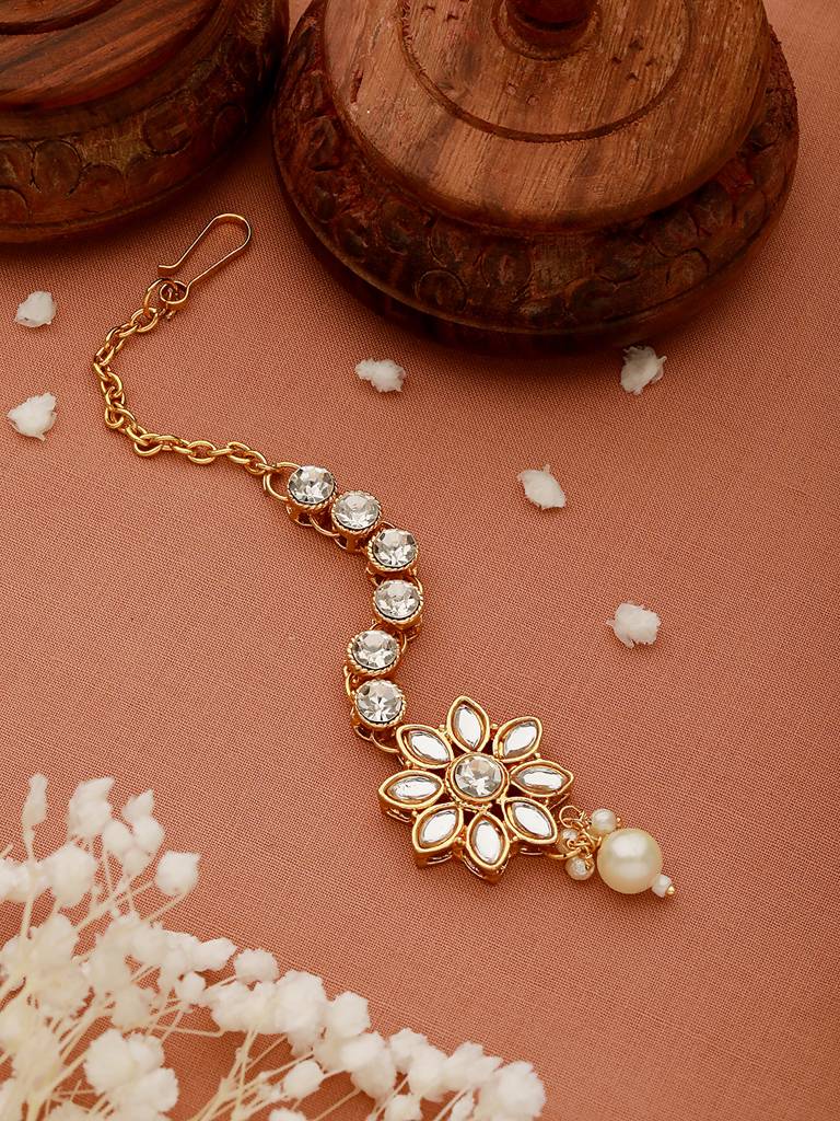 Gold-Plated White Kundan Stone-Studded & Pearl Drop Maang Tikka : MTK-JS23-11061