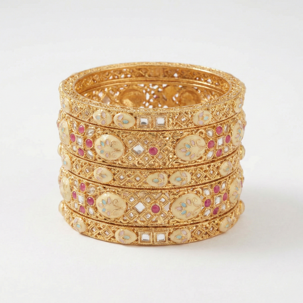 Royal Antique Gold-Plated Polki & Pastel Meenakari Bangle Set : BV-BG-13-24