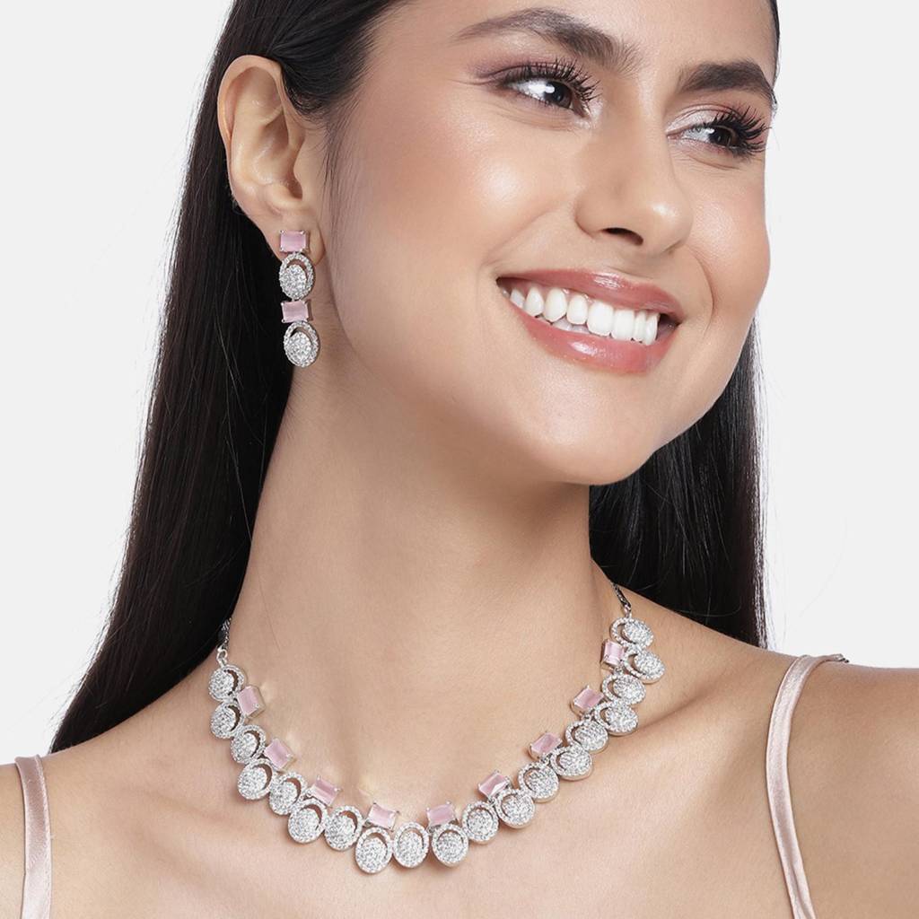 Estele Rhodium Plated Cz Elegant Necklace Set With Mint Pink Crystals For Women