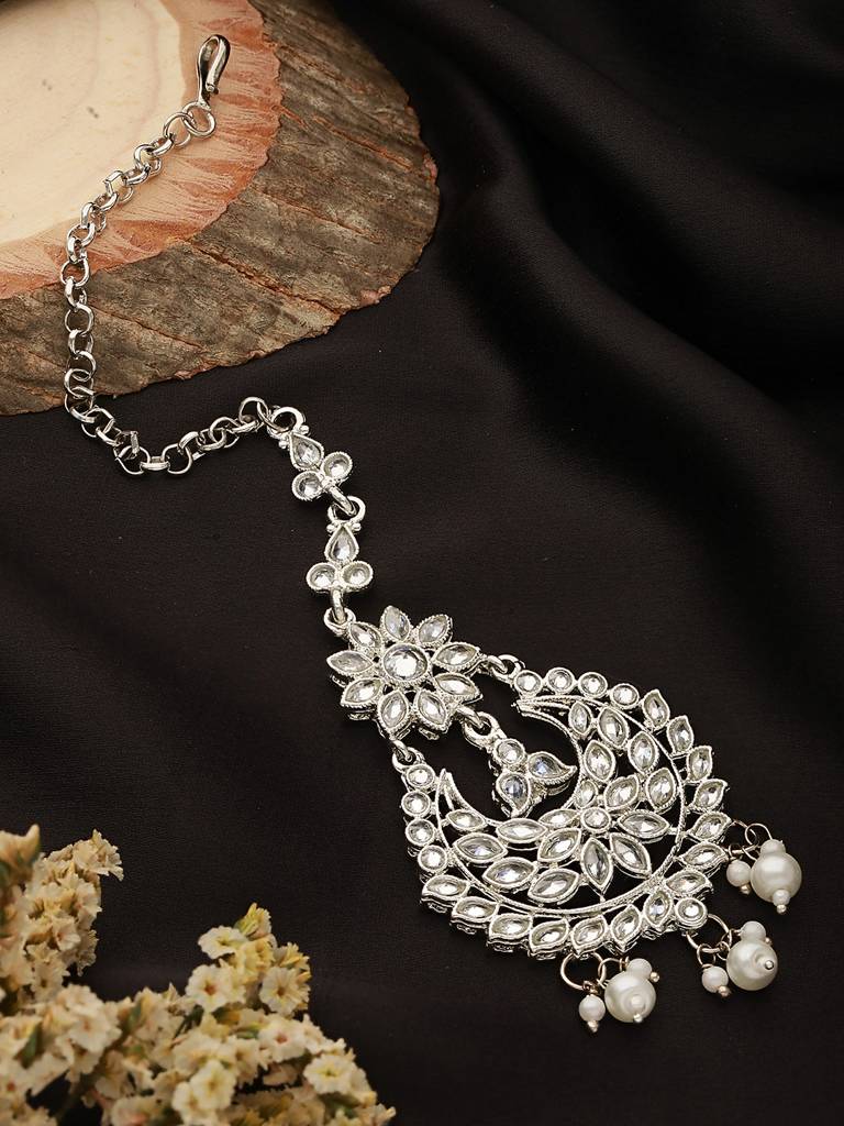 Silver-Plated White Ad-Studded & Pearl Drop Handcrafted Maang Tikka : MTK-JS23-11067