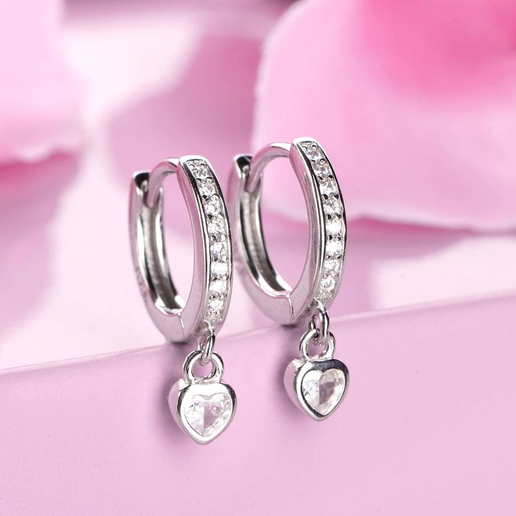 Heart Solitaire Drop Huggie 925 Silver Earrings : EAR-20167