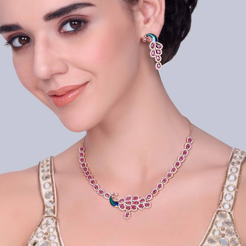 Peacock Accent Cz Sparkle Necklace Set | Rose Gold Plated | Party & Festive Glam : AD-918-RGRBNKER