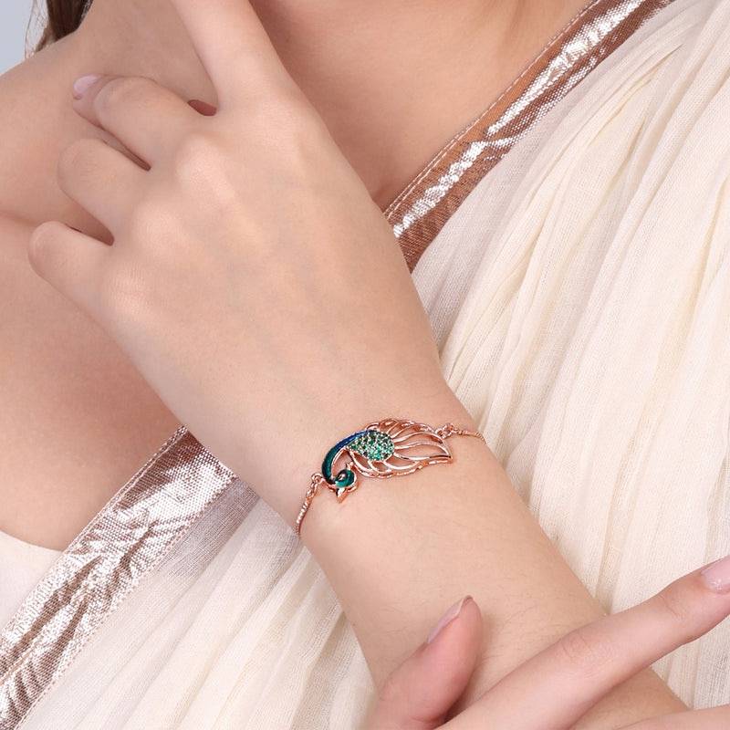 Luxury Peacock Motif Bracelet | Rose Gold Plated Cz Green Stone Shine | Occasion Wear : AD-174-RGGNBR