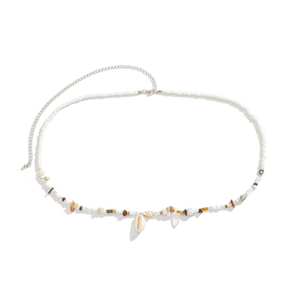 Boho Style Cowrie Shell With White & Brown Beads Beaded Waist Chain | Beachwear : ADN0525WC479