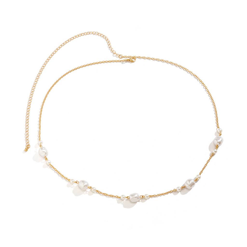 Gold Anti-Tarnish Baroque Pearl Adjustable Waist Chain For Beachwear And Parties : ADN0525WC379GWH