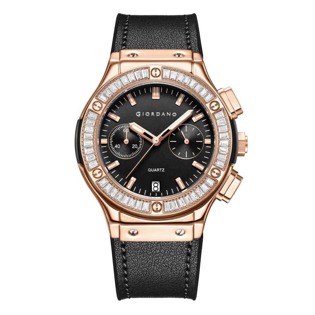 Giordano Analog Watch For Women Â Round Dial, Leather Strap, Crystal-Studded Bezel With Quartz Movement : GZ-60093-06