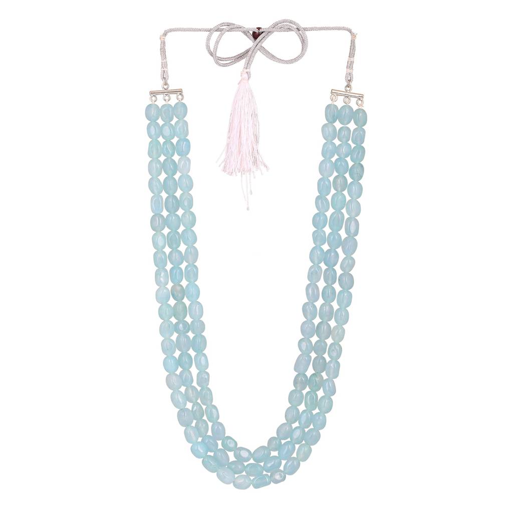 Estele Rhodium Plated Magnificent Designer Three Layered Necklace With Mint Blue Beads For Girls And Women : 10180-IR-MBNK