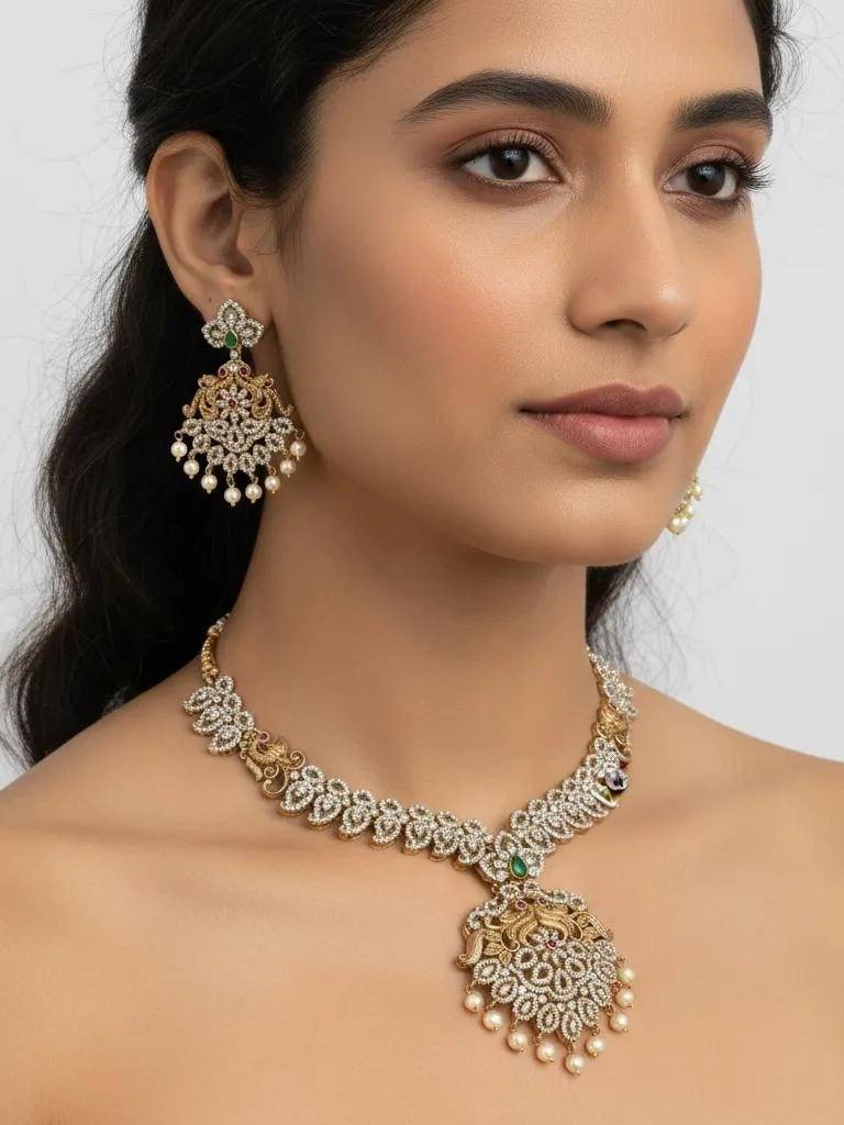 Sumana Temple Necklace With Earrings | American Diamond : RKNP000003