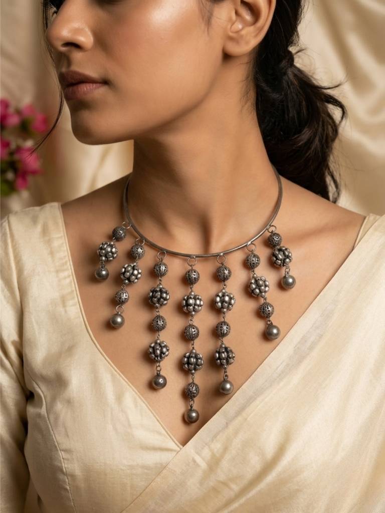Antique Oxidised Engraved Bead Statement Boho Hasli Choker Necklace : VI26NK0106