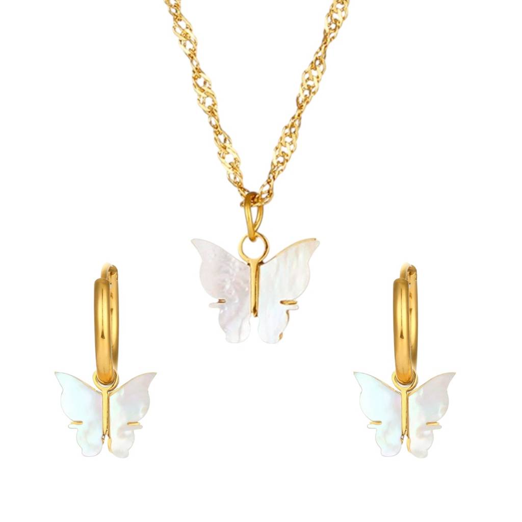 18K Gold Plated Waterproof Anti-Tarnish White Shell Butterfly Pendant Set : AMG0425PS29C2
