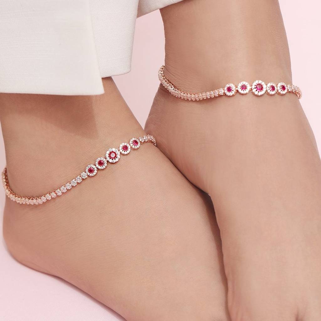 Cz Studded Rose Gold 925 Sterling Silver Chain Anklet : ANK-60391-PAIR-RG