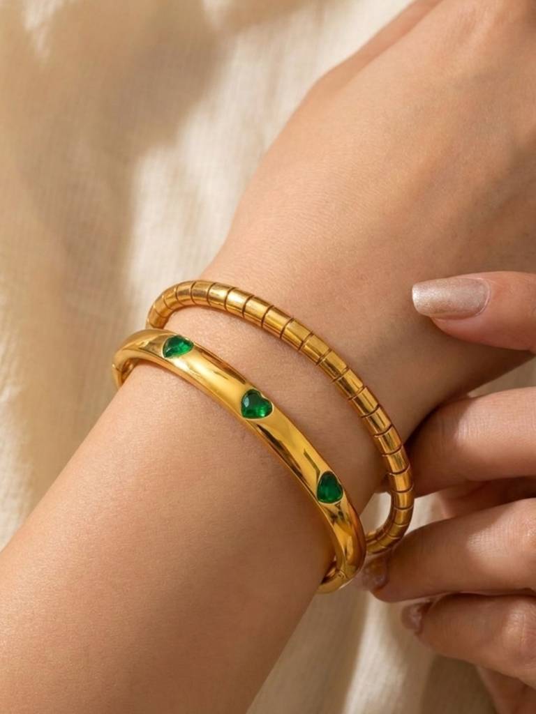 Coil Bangle & Green Heart Cuff Bracelet Combo, 18K Gold-Plated : CBR014CBG