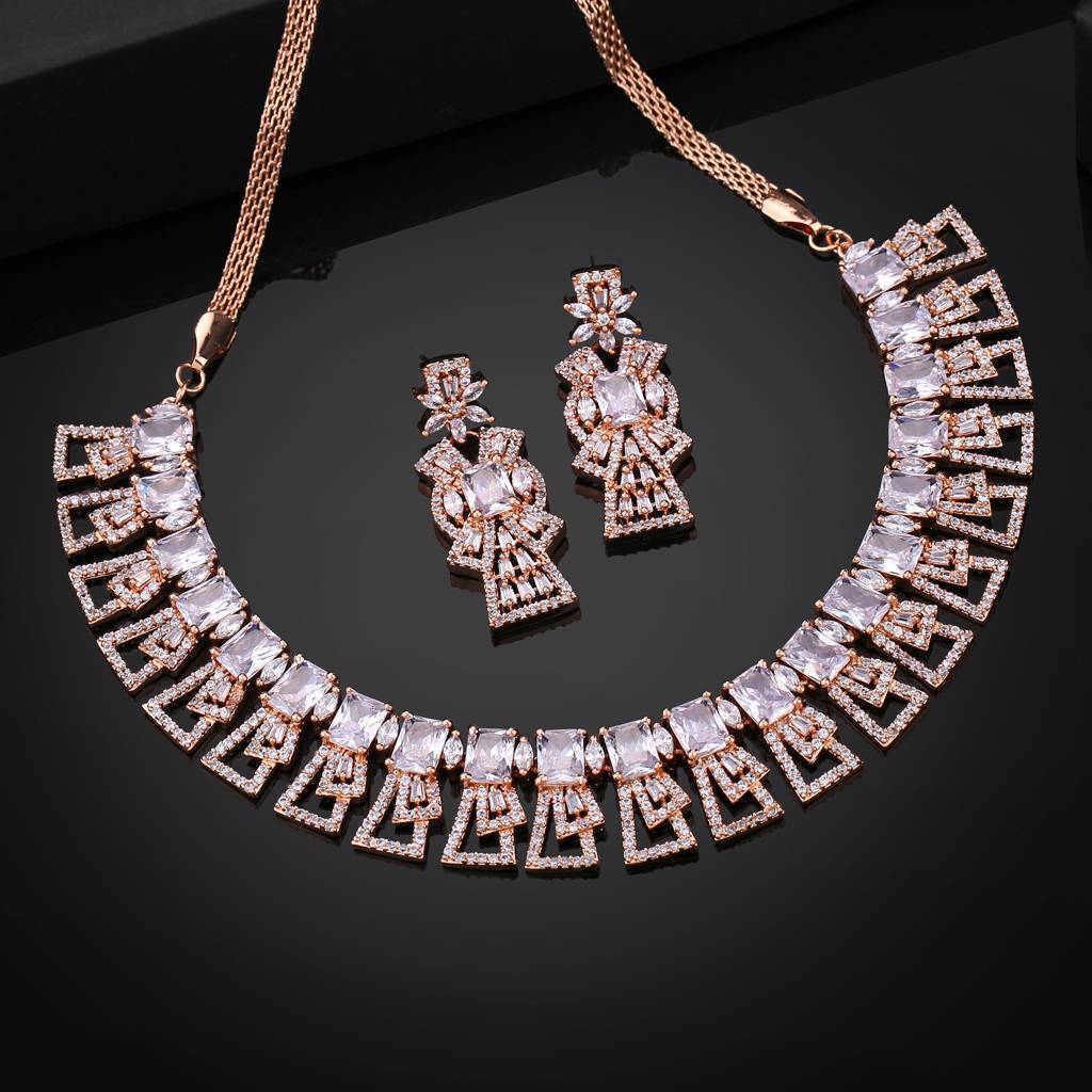 Estele Rose Gold Plated Gorgeous American Diamond Necklace Set For Women : AD-749-RGWENKER