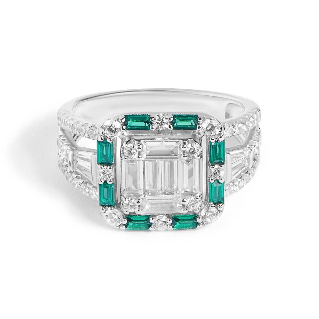 Silver Emerald Baguette Diamond Ring : R013-WH-E-9