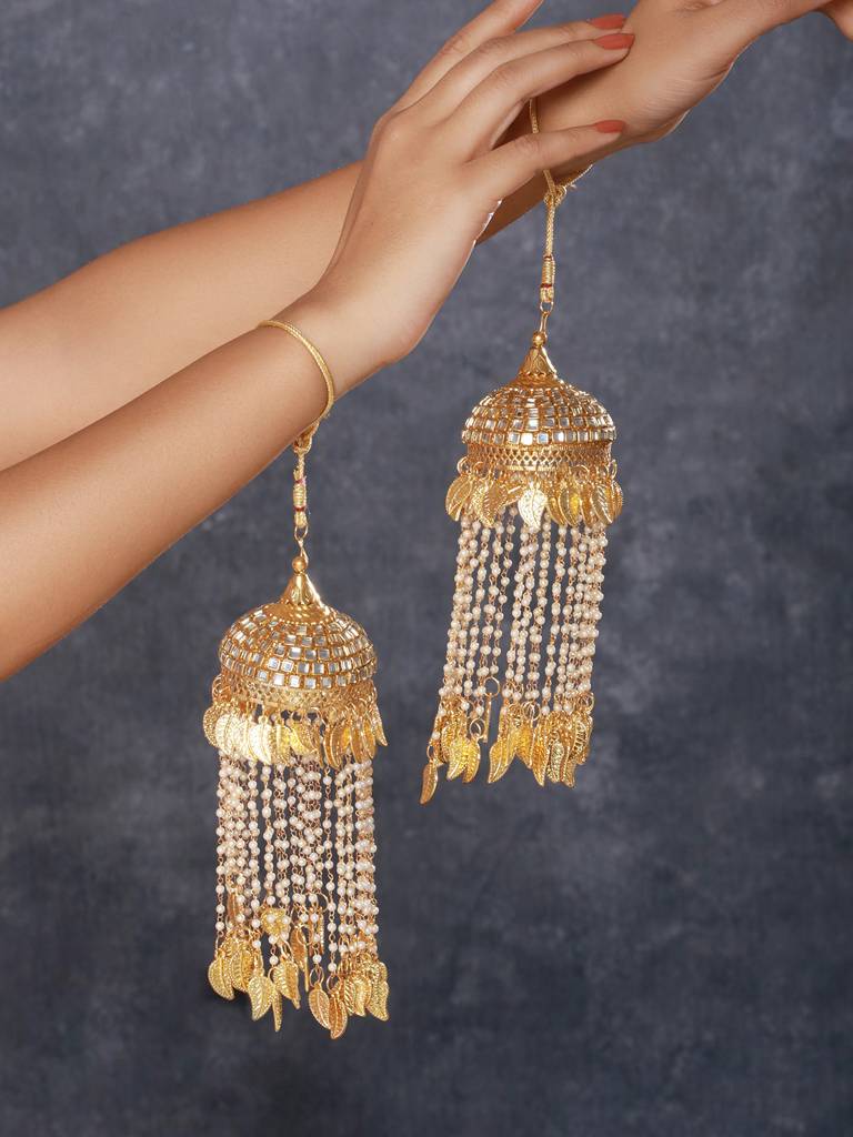 Set Of 2 Gold-Plated Stone Studded & Pearl Beaded Bridal Kaleera Secured With Drawstring Closure. : JS23-KAL001