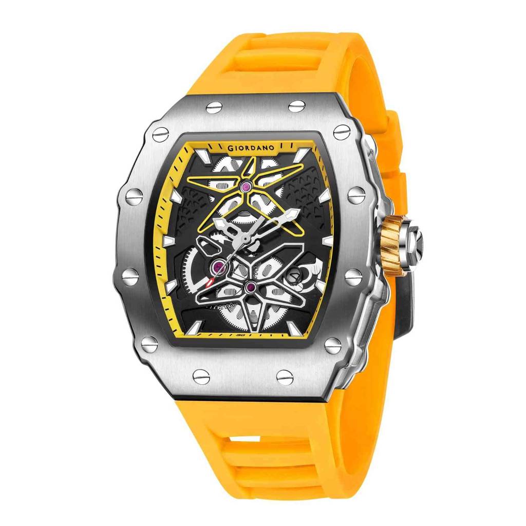 Giordano Analog Skeleton Dial Watch For Men Â Tonneau Case, Silicone Strap, Open-Gear Sport Design, Quartz Mov : GZ-50188-44