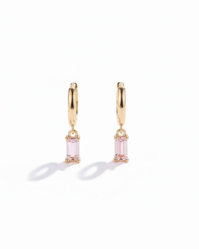 Birthstone Earrings For Women | Premium Baguette Huggies | October: Pink Tourmaline : CJST201141410JQ